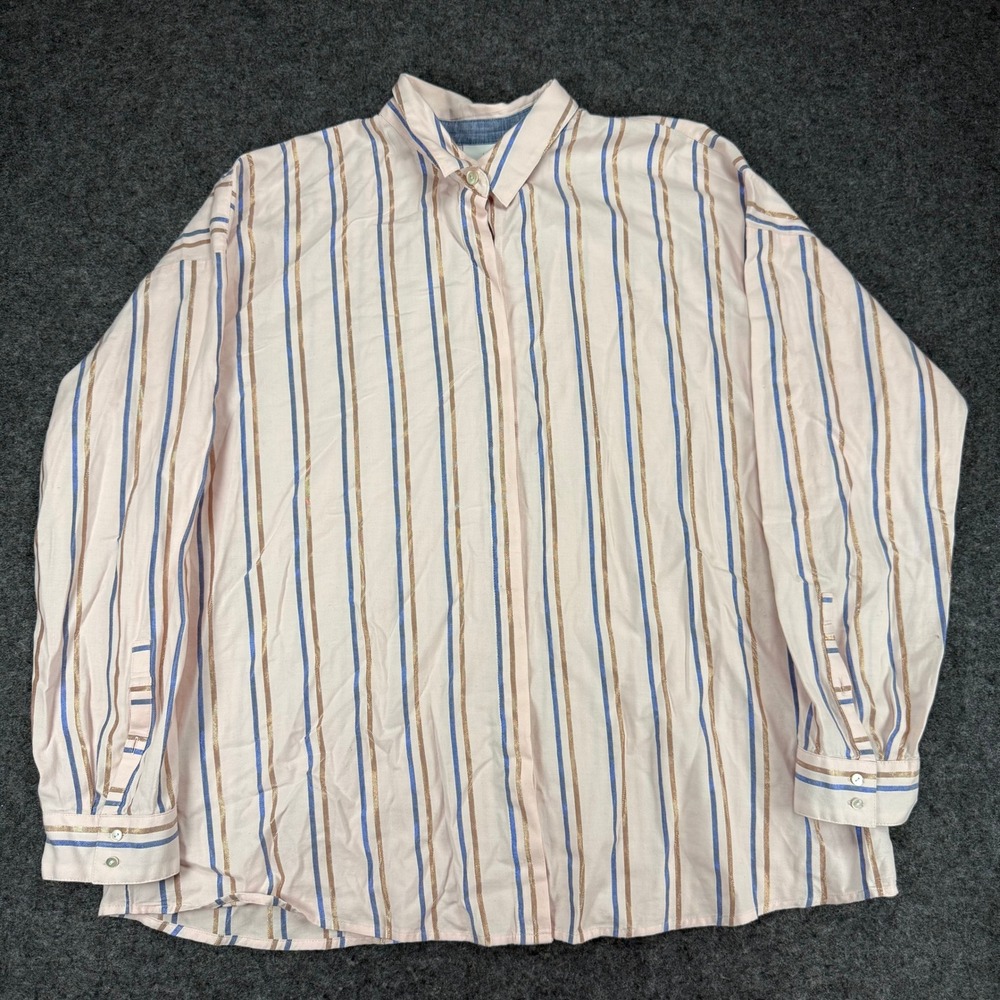 J Jill XL Pink Striped Button Down Shirt Cotton Blend‎ Metallic Accents